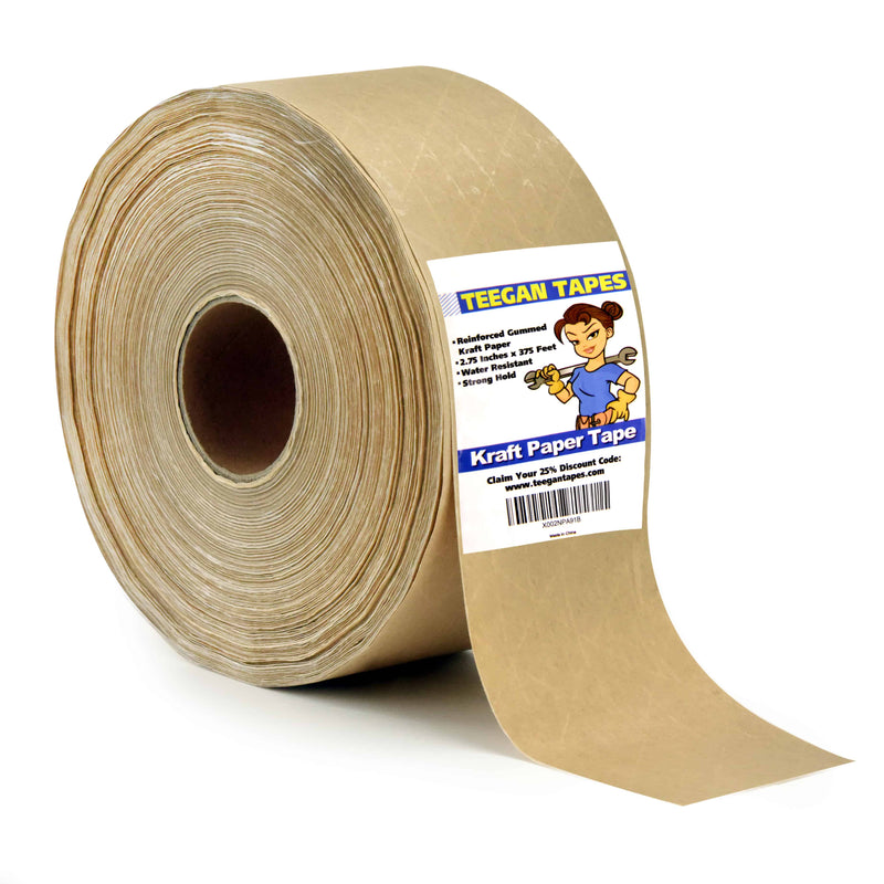 Teegan Tapes Reinforced Gummed Kraft Paper Packing Tape 2.75 Inch x 375 Ft