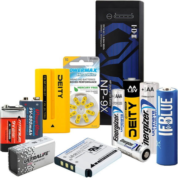 Batteries sold by Dependable Expendables including 9v, AA, AAA, LB-50, A10,  NP-F550, NP in Lithium Ion, NiCad and MiMh chemistries by Deity, Lectrosonics, Energizer, iPower and Titanium.