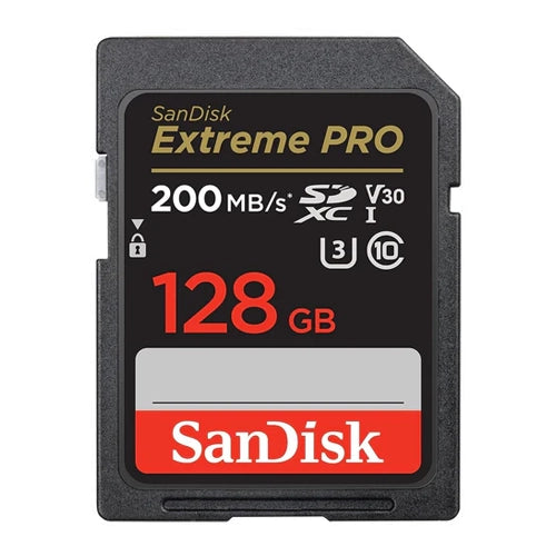 SanDisk 128GB Extreme PRO SDXC Memory Card used as recording media for professional video and audio recording devices.