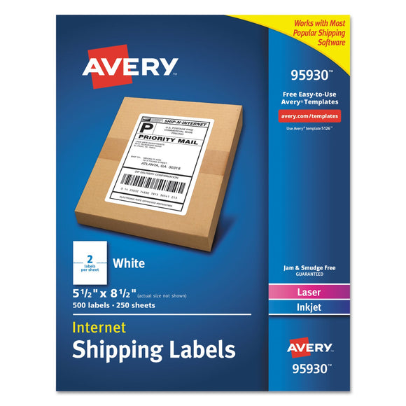 Avery White Shipping Labels-Bulk Packs, Inkjet/Laser Printers, 5.5 x 8.5, White, 2/Sheet, 250 Sheets/Box