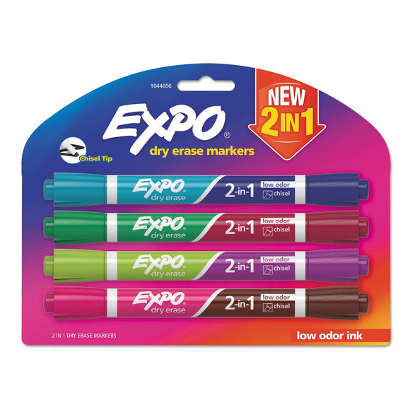 EXPO 2-in-1 Dry Erase Markers, Fine/Broad Chisel Tips, Assorted Secondary Colors, 4/Pack