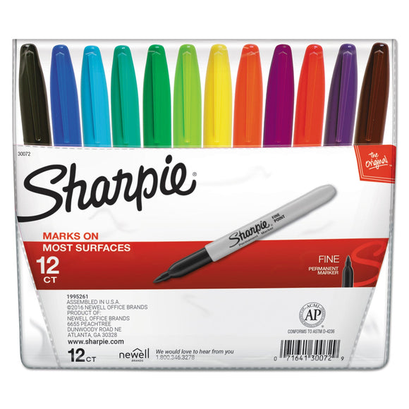Sharpie Fine Tip Permanent Marker, Fine Bullet Tip, Assorted Colors, 12/Set