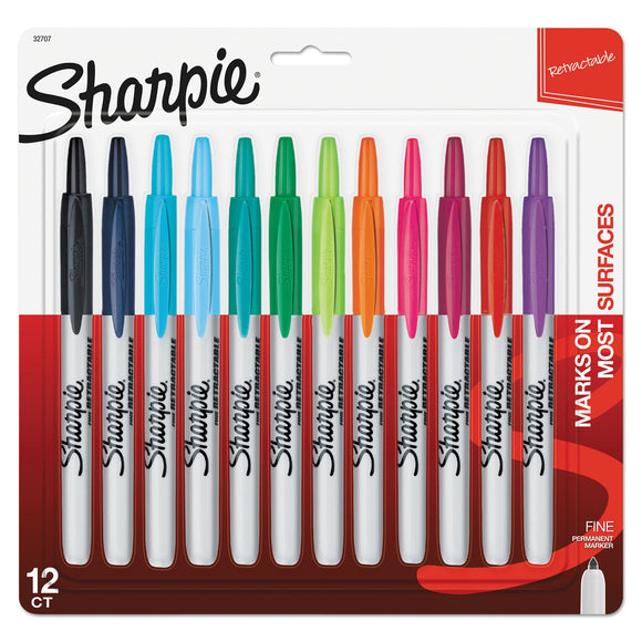 Sharpie Retractable Permanent Marker, Fine Bullet Tip, Assorted Colors, 12/Set