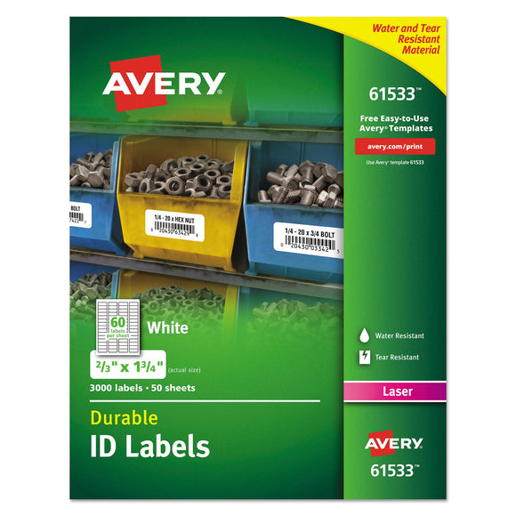 Avery Durable Permanent ID Labels with TrueBlock Technology, Laser Printers, 0.66 x 1.75, White, 60/Sheet, 50 Sheets/Pack