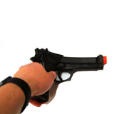 Black Foam Rubber Beretta 9mm Semi Automatic Style Inert Handgun Safe Prop for cosplay or Halloween costume accessory.
