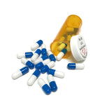 Fake Medicine White, Blue Pill Capsules in 16 Dram Amber Plastic Medicine Vial with Lid Props for television, photography, film or live theater.