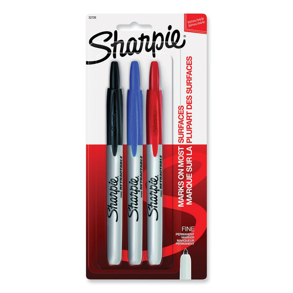 Sharpie Retractable Permanent Marker, Fine Bullet Tip, Assorted Colors, 3/Set