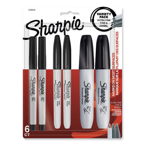 Sharpie Mixed Point Size Permanent Markers, Assorted Tip Sizes/Types, Black, 6/Pack
