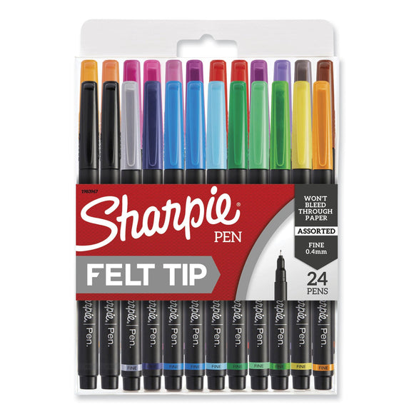 Sharpie Art Pen Porous Point Pen, Stick, Fine 0.4 mm, Assorted Ink Colors, Black Barrel, 24/Pack