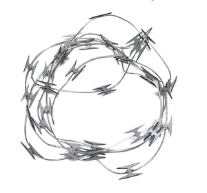 10ft Custom built razor wire replica safe for direct contact with actors. Comes in four different colors: silver, black, rusty, bloody