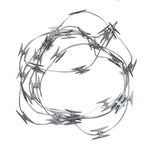 10ft Custom built razor wire replica safe for direct contact with actors. Comes in four different colors: silver, black, rusty, bloody