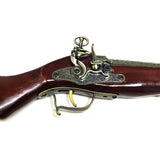 Detailed, lightweight prop gun features wood stock, moving flintlock hammer and trigger, and intricate details with brass finished parts