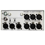 A view of the XLR connectors and switches of the PSC FBL2PS power supply and the Fourth Generation Bell and Light System used in sound stage studios for video and film production.