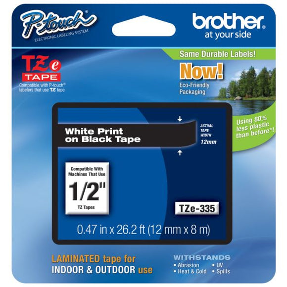 Brother TZe335 Laminated Label Tape for 12mm P-Touch Labelers (White on Black 0.5