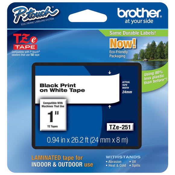 Brother TZE-251 Laminated Tape for 24mm /1 Inch P-Touch Labelers Black On White - Dependable Expendables