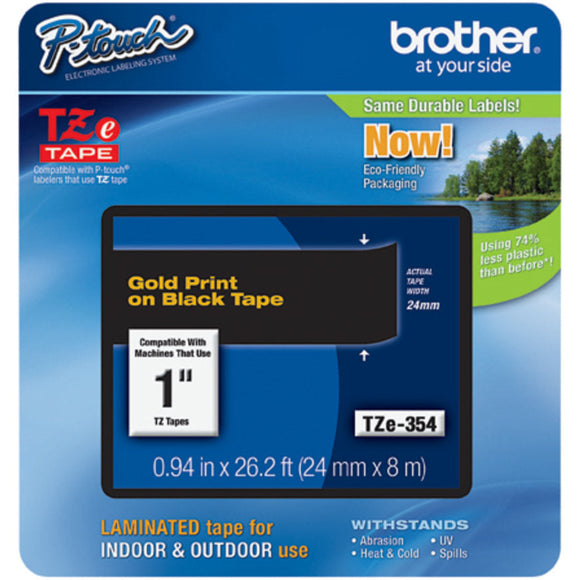 Brother TZE-354 Label Tape 1 inch x 26.25 Gold On Black Dependable Expendables