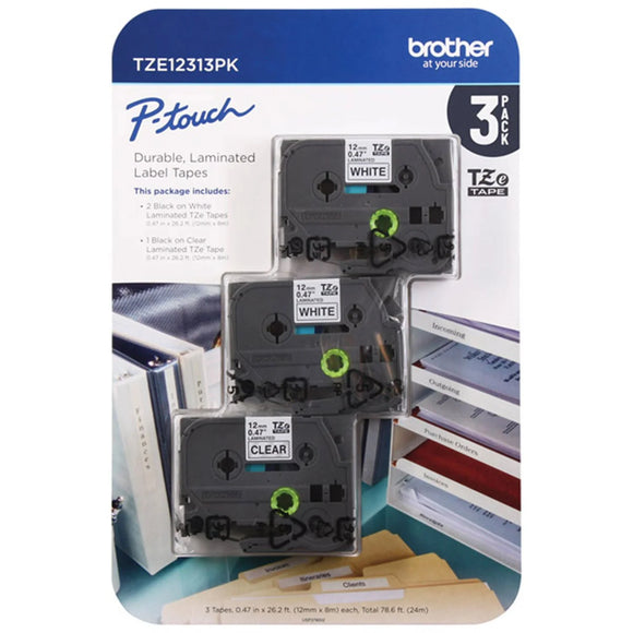 Brother TZe12313PK Laminated Label Tape for 12mm P-Touch Labelers 3 Pack (2 x Black on White, 1 x Black on Clear 0.5