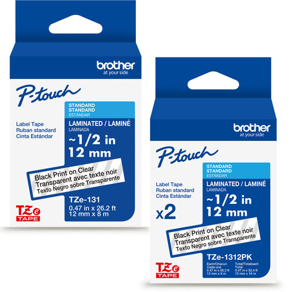 Brother TZe131 Laminated Label Tape for 12mm P-Touch Labelers (Black on Clear, 0.5