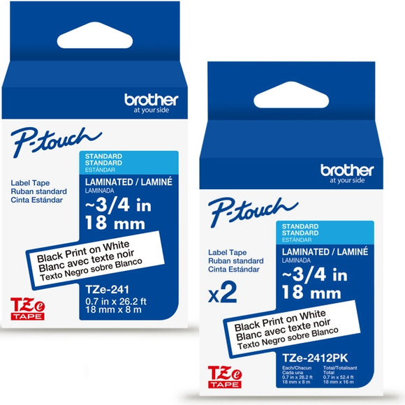 Brother TZe241 Laminated Label Tape for 18mm P-Touch Labelers (Black on White, 0.75