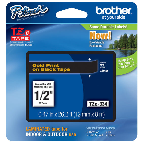 Brother TZE 334 P Touch Label Tape half inch 12mm Gold on Black - Dependable Expendables