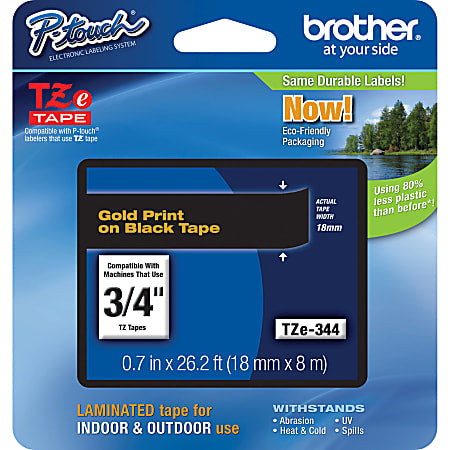 Brother TZE 344 P Touch Label Tape three quarter inch 18mm Gold on Black Dependable Expendables