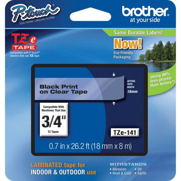 Brother TZe141 Laminated Tape for 18mm P-Touch Labelers (Black on Clear, .75