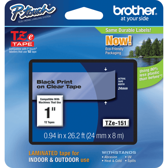 Brother TZe151 Laminated Tape for 24mm P-Touch Labelers Black on Clear, 1