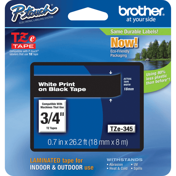 Brother TZe345 Laminated Tape for 18mm P-Touch Labelers (White on Black, .75