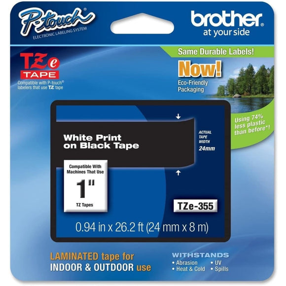 Brother TZe355 Laminated Tape for 24mm P-Touch Labelers (White on Black, 1