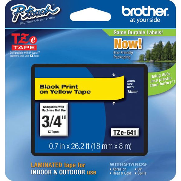 Brother TZe641 Laminated Tape for 18mm P-Touch Labelers (Black on Yellow, .75