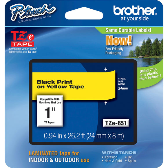 Brother TZe651 Laminated Tape for 24mm P-Touch Labelers (Black on Yellow, 1