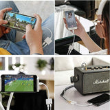 Collage of four images showing a phone connected to a Marshall speaker, playing games and videos.