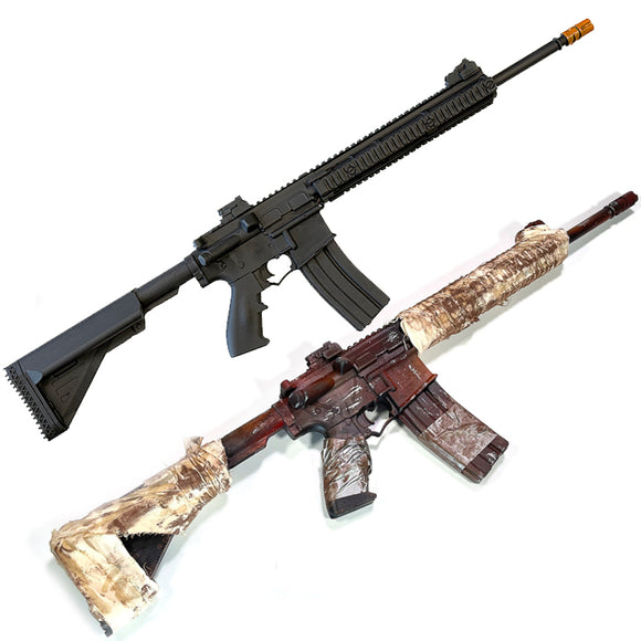 New and aged AR-15 style assault rifle foam rubber safety prop for safe stunt work or choreographed fight scene for television, film or live theater.