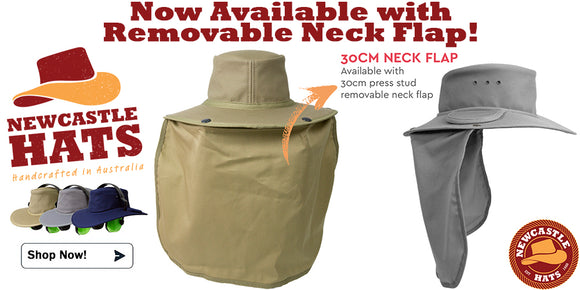 Newcastle headphone hats with snap press button removable neck flap available from Dependable Expendables Dallas Texas