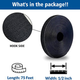 Hook and Loop Fastener Adhesive Tape Roll Black Heavy Duty Industrial Strength Sticky Back 1/2 Inch x 75 Feet