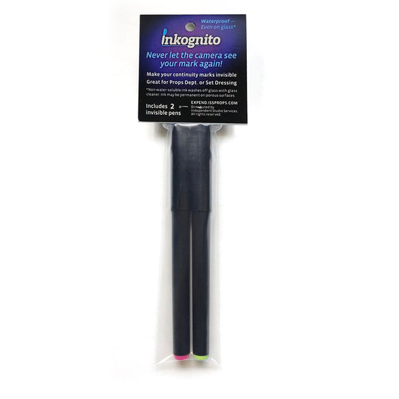 Inkognito kit of two Invisible Yellow & Pink UV Ink Pen Marking System for television, film & theater production  insure continuity that props are always in the exact place for every scene.