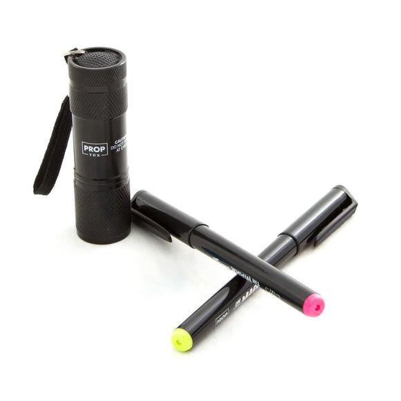 Inkognito Invisible Continuity Marker Pen & Light Kit for television, film & theater production to insure your props are always in the exact place at the top of every scene every time. 