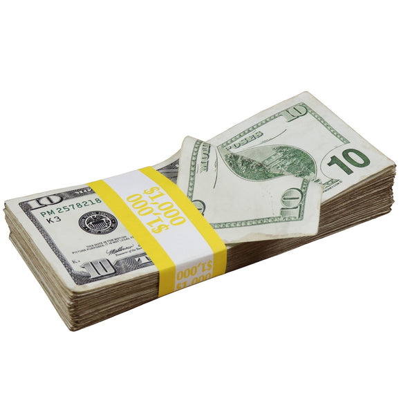 Money Prop - 2000 Series $10 Bills ✔️RealAged™ $1,000 Full Print Stack