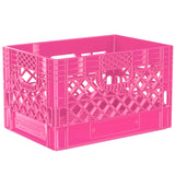 Pink 24 quart plastic Milk Crate used to store video audio cables and film grip equipment - Dependable Expendables