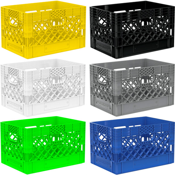 White, yellow, black, gray, blue, lime green,  ultra violet purple 24 quart plastic Milk Crates used to store TV video audio cables and film grip equipment available at Dependable Expendables Dallas, Texas