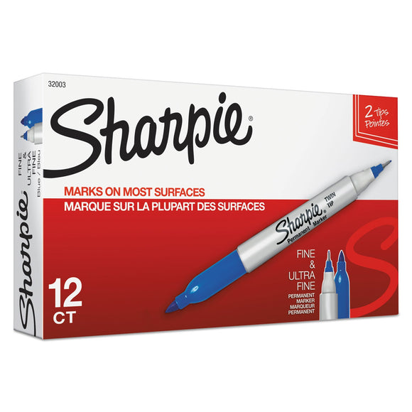 Sharpie Twin-Tip Permanent Marker, Extra-Fine/Fine Bullet Tips, Blue, Box of Dozen - Dependable Expendables