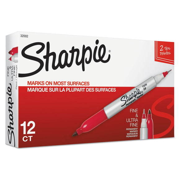 Sharpie Twin-Tip Permanent Marker, Extra-Fine/Fine Bullet Tips, Red, Box of Dozen Dependable Expendables