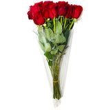 Red Roses in a clear Silent Cellophane Grocery Store Bouquet Sleeve Bag used in broadcast commercials, television and film production - Dependable Expendables