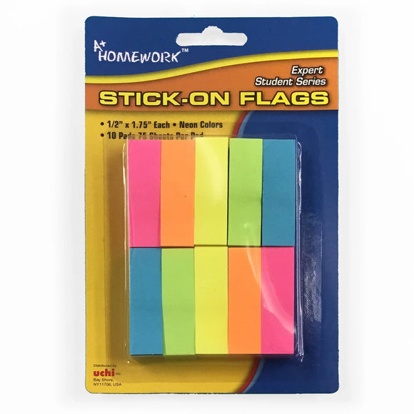 Half inch by one and three quarter inch Neon Color Stick-On Flags in Pink, Orange, Blue, & Green used in organizing production books for film production