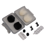 The Deity Deluxe Lavalier Accessory Kit comes with 2 Black Fluff Balls, 5 Disposable Adhesive Disk, 2 Mic Tie Clips, 2 Deluxe Foam Windscreens, and Weather Sealed Carrying Case available from Dependable Expendables Dallas Texas.