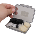 The Deity Deluxe Lavalier Accessory Kit comes with 2 Black Fluff Balls, 5 Disposable Adhesive Disk, 2 Mic Tie Clips, 2 Deluxe Foam Windscreens, and Weather Sealed Carrying Case available from Dependable Expendables Dallas Texas.