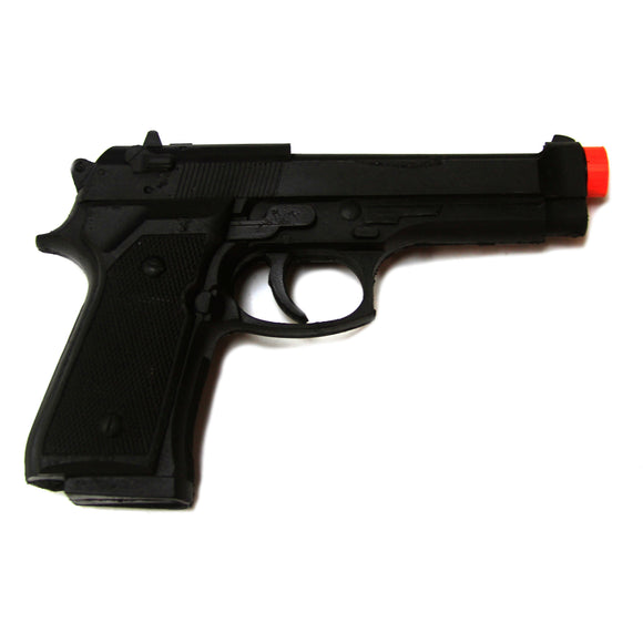 Black Foam Rubber Beretta 9mm Semi Automatic Style Inert Handgun Safe Prop for television film and live theater action and stunt scenes.