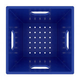 Bottom ventilation holes of a Blue Plastic 16 Quart Closed Wall Plastic Grip Storage Square Milk Crate - Dependable Expendables
