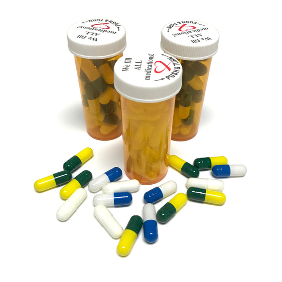Fake Medicine yellow, Green, White, Blue Pill Capsules in 16 Dram Amber Plastic Medicine Vial with Lid Props for television, photography, film or live theater.