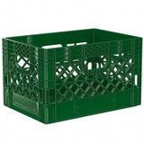 Green 24 quart plastic Milk Crate used to store video audio cables and film grip equipment - Dependable Expendables